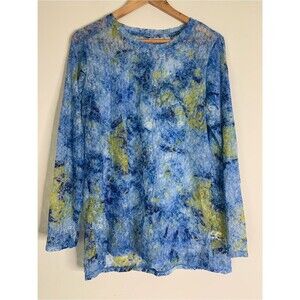 LOGO Layers Blue Green Watercolor Tie Dye Sheer Lace Long Sleeve Top L
